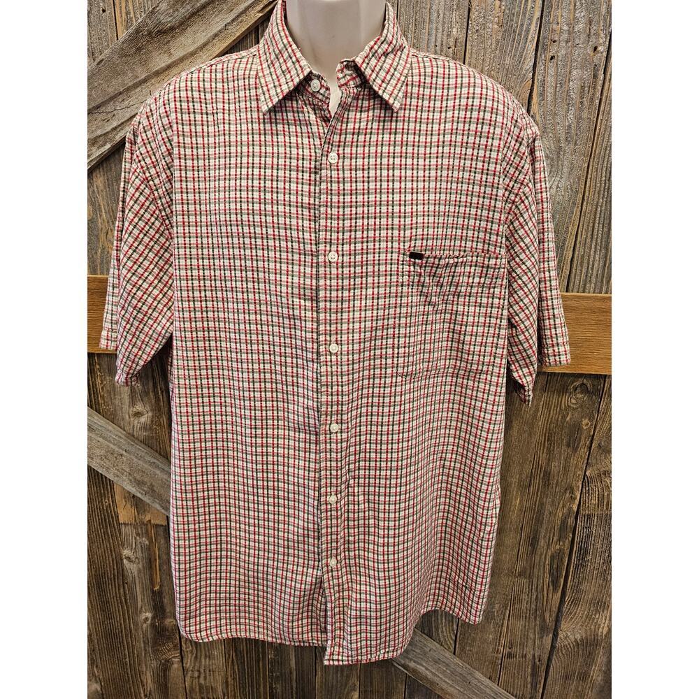 Vintage Nautica red white blue seer sucker short sleeve button up size XL 90s ^